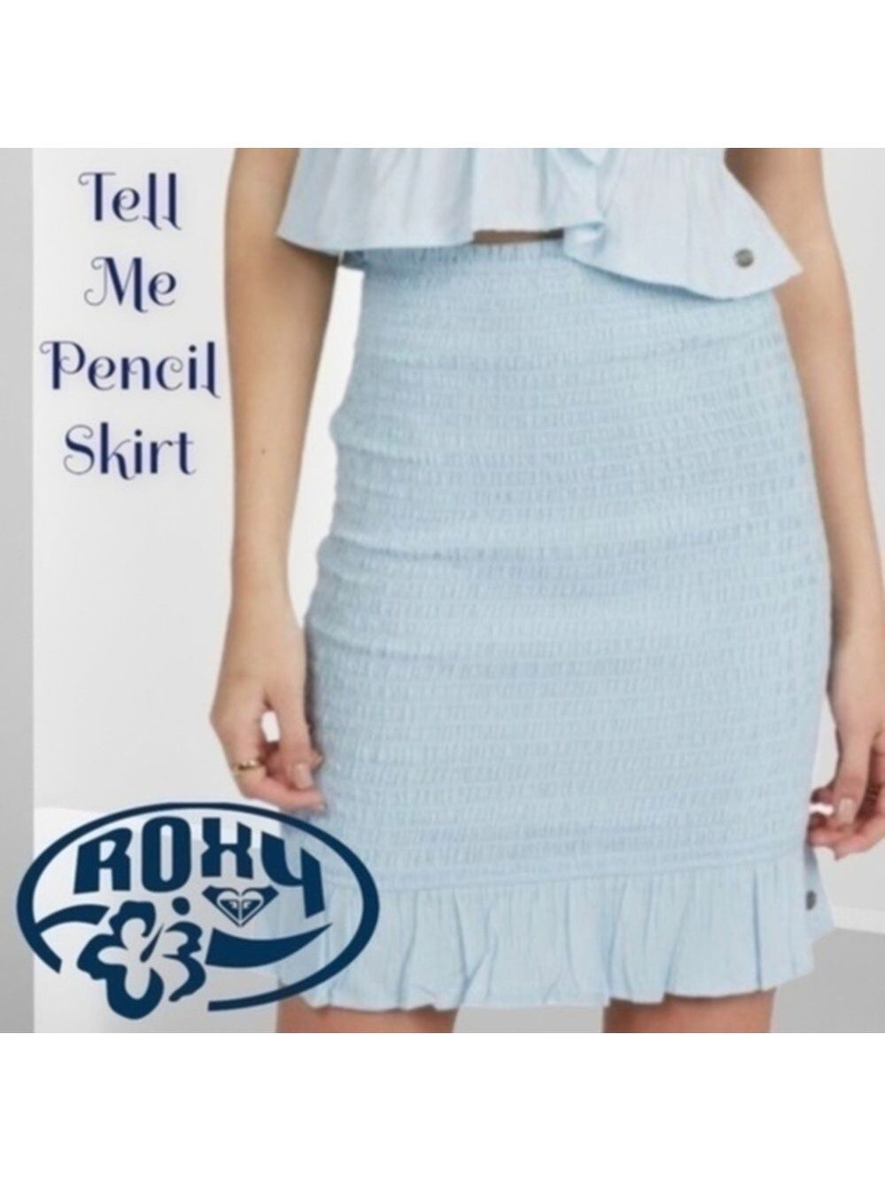 ROXY Tell Me Ruffle-Hem Smocked Pencil Mini Skirt NWT/Cool Blue/Lg